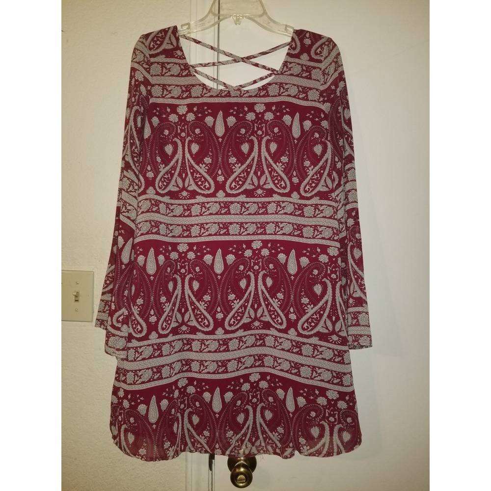 CHARMING CHARLIE Tunic Paisley Wine/ Burgundy Long Sheer Sleeves Medium Lined